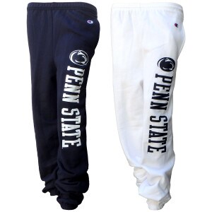 navy sweatpants and white sweatpants with Athletic Logo and Penn State printed down left legs